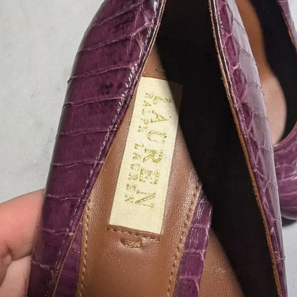 Lauren Ralph Lauren Viona Purple Croc Embossed Leather Block Heel Pumps Sz 6.5